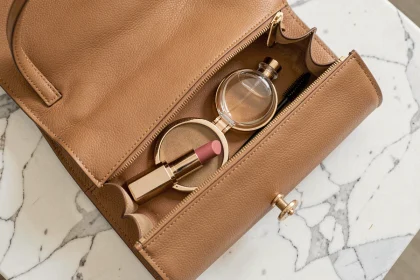 Sac à main en cuir ouvert sur un comptoir en marbre révélant des accessoires de beauté essentiels dont rouge à lèvres, parfum et miroir compact