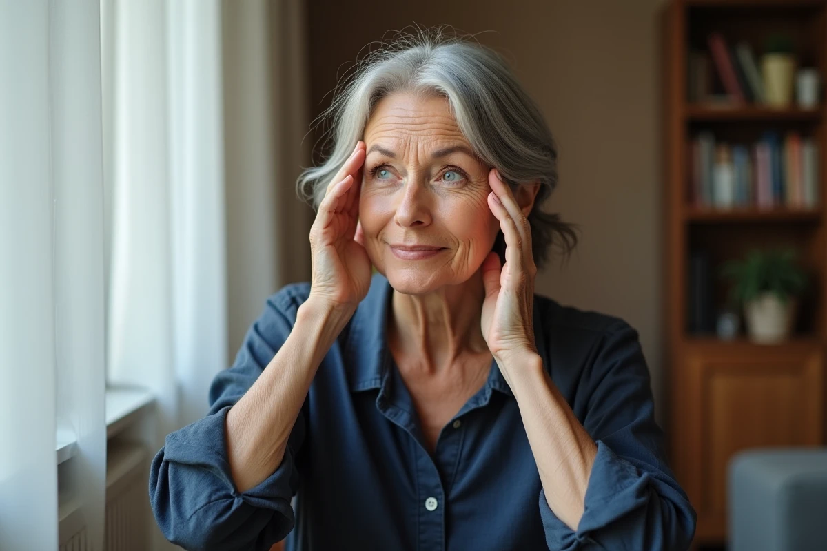 Femme mature aux cheveux gris appliquant un baume épais sur le front et les tempes près d'une fenêtre