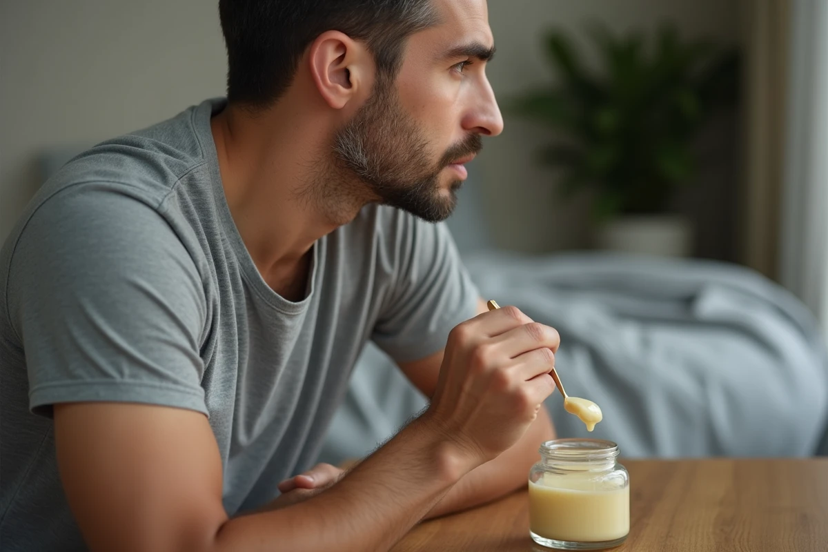 Homme appliquant un baume réparateur sur le visage et le cou assis devant une coiffeuse en bois