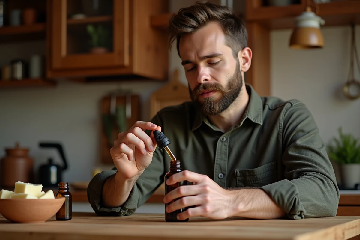 Homme appliquant de l'huile naturelle pour barbe à partir d'un flacon compte-gouttes en verre ambré, entouré d'ingrédients naturels sur une table en bois rustique