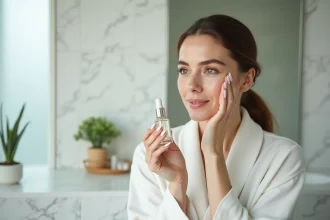 Femme appliquant un sérum à l'acide hyaluronique sur le visage devant un miroir de salle de bain moderne