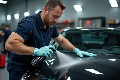 Professionnel en détailing appliquant un spray céramique effet miroir sur le capot d'une voiture noire dans un garage immaculé