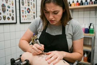 Jeune femme apprentie tatoueuse s'entraînant sur une peau synthétique dans un studio de tatouage
