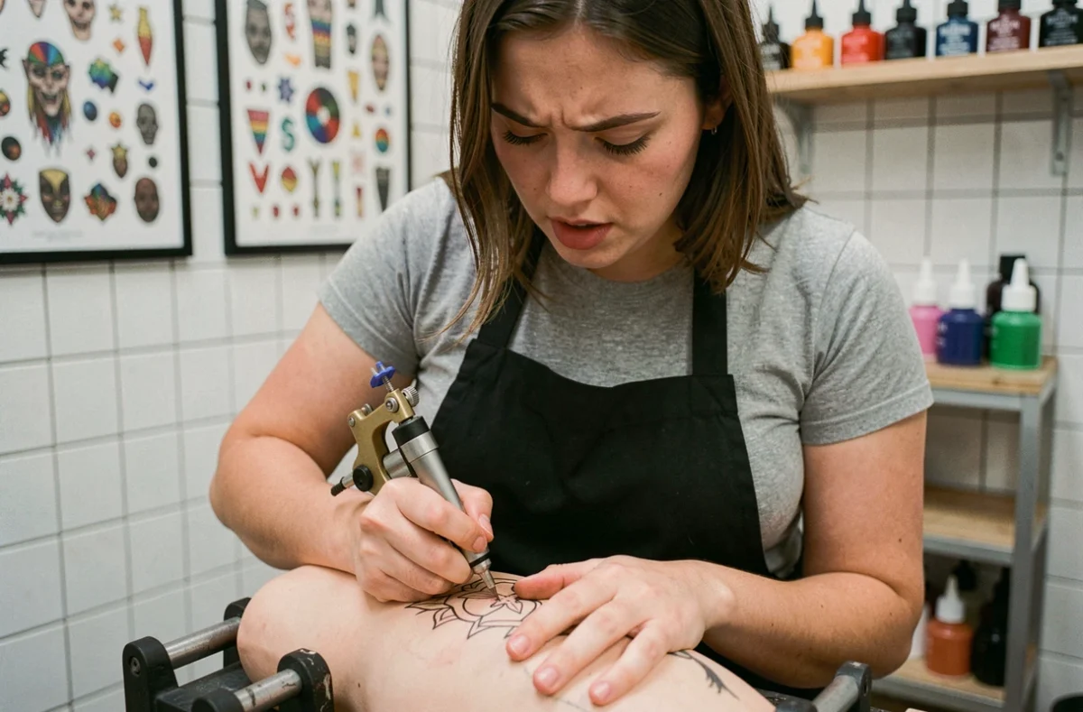 Jeune femme apprentie tatoueuse s'entraînant sur une peau synthétique dans un studio de tatouage