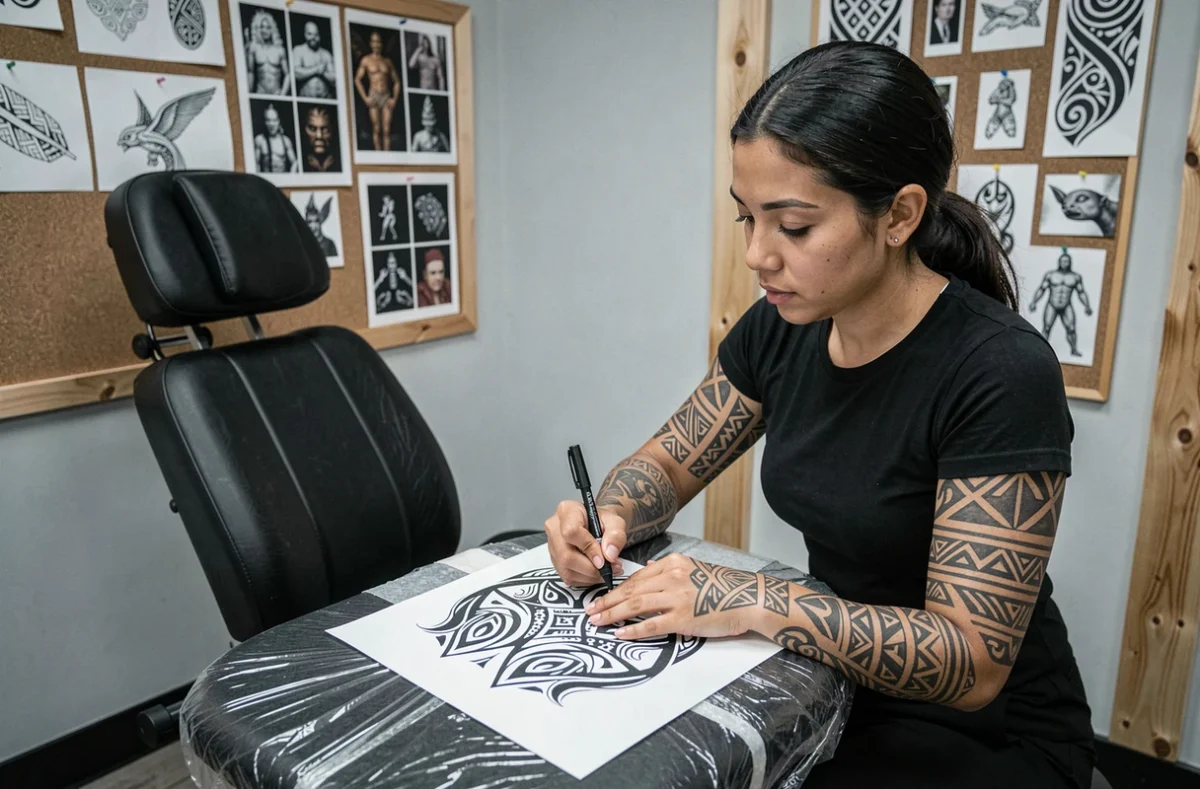 Artiste tatoueuse polynésienne traçant un motif tribal samoan traditionnel sur papier calque dans un salon de tatouage professionnel