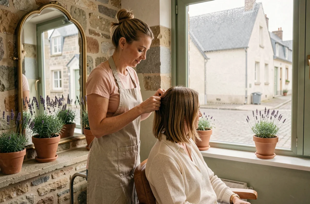 Coiffeuse de L'Atelier de Pauline à Combourg coiffant une cliente dans un cadre breton authentique