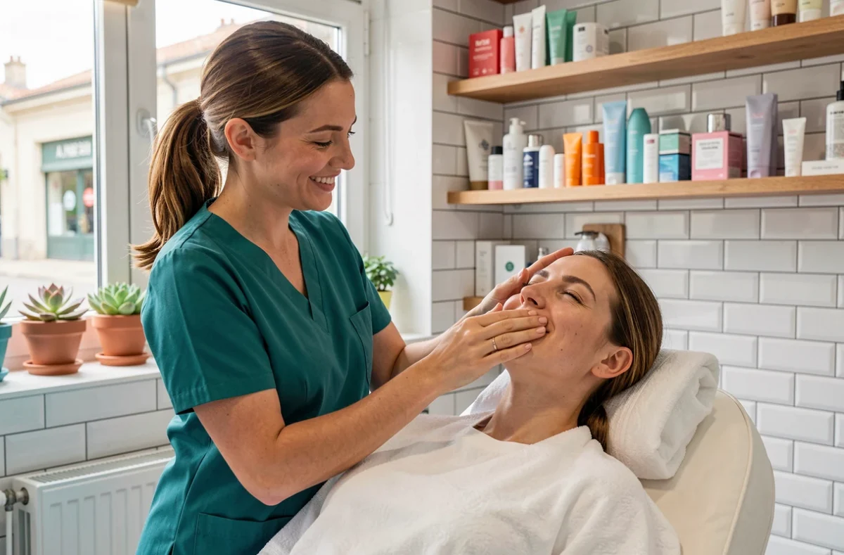 Esthéticienne du salon Au Ptit Soin à Saint-Nazaire massant le visage d'une cliente dans un cadre chaleureux et coloré