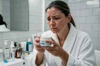 Femme insatisfaite examinant une crème Nuvaskin avec une expression sceptique devant son miroir de salle de bain