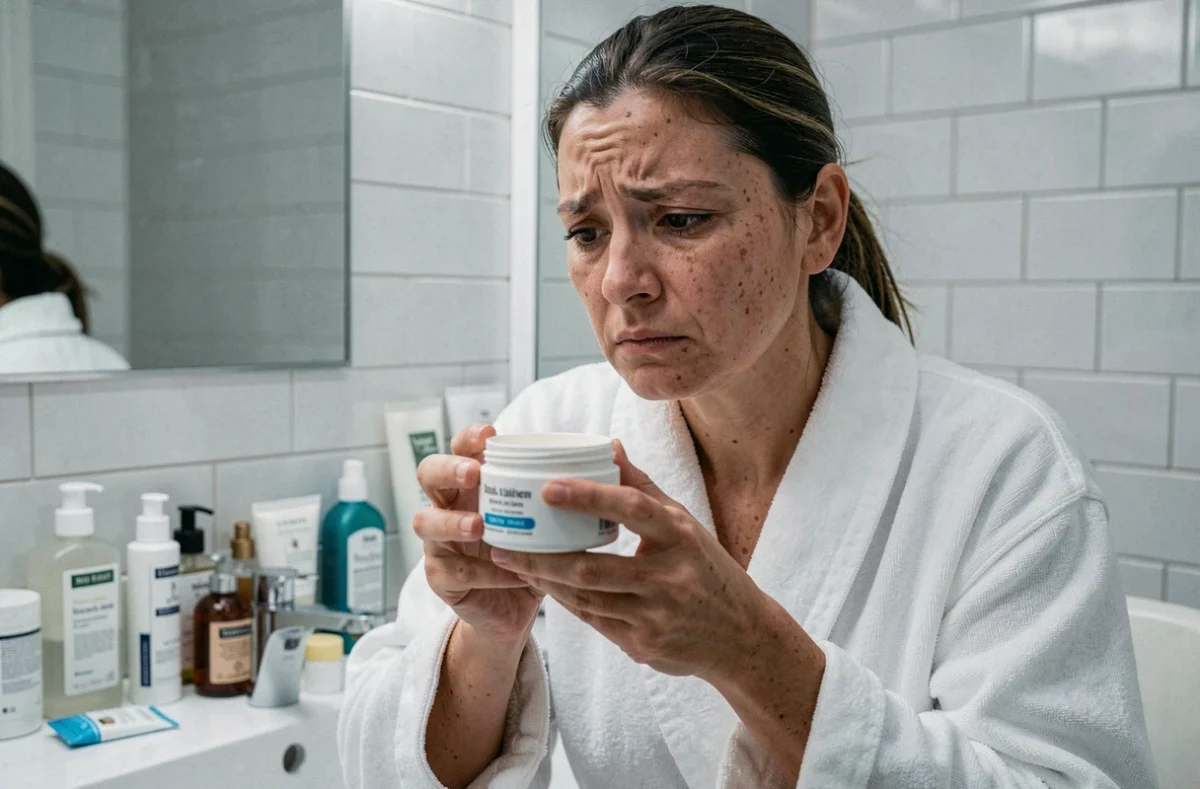 Femme insatisfaite examinant une crème Nuvaskin avec une expression sceptique devant son miroir de salle de bain