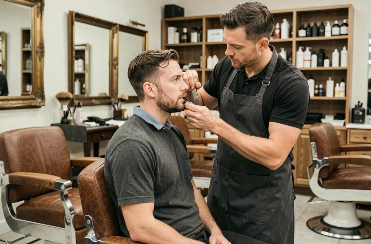 Barbier corrigeant un bouc mal taillé sur un client assis dans un salon de coiffure moderne