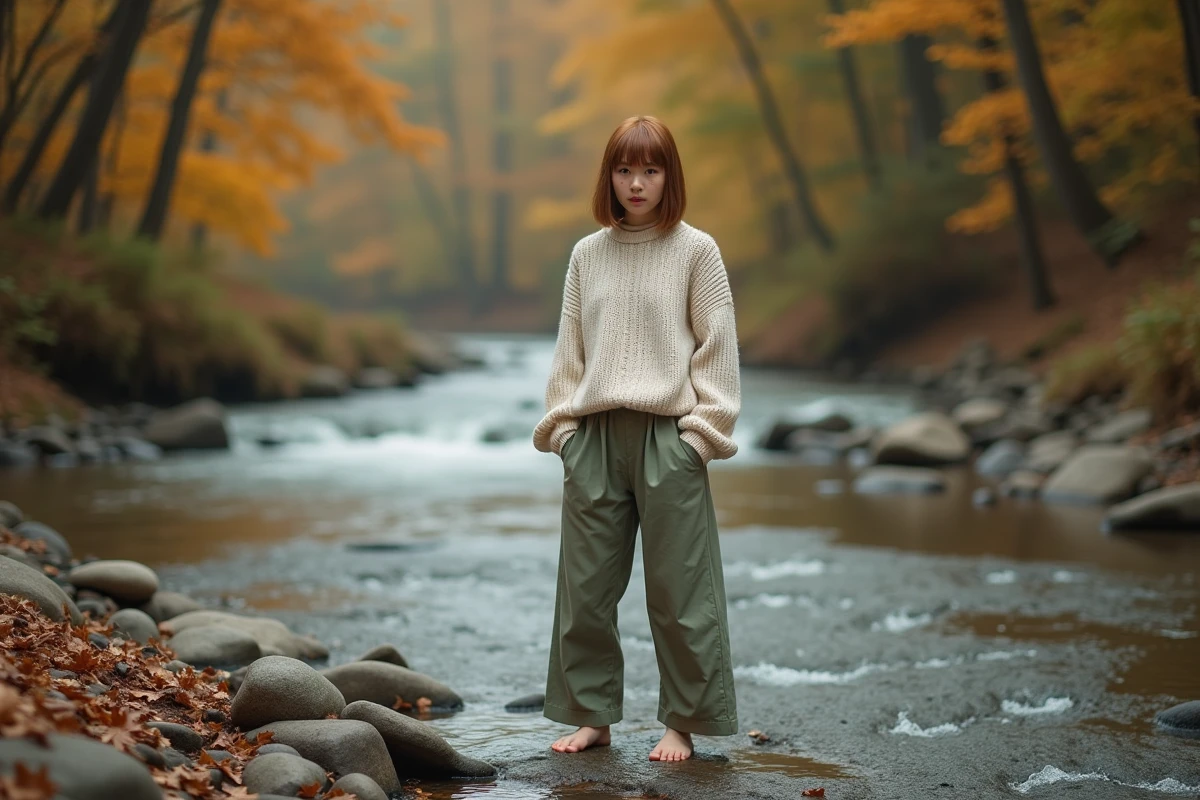 Personne non binaire en pull crème dans une forêt d'automne au bord d'un ruisseau symbolisant la beauté dans la liberté d'expression