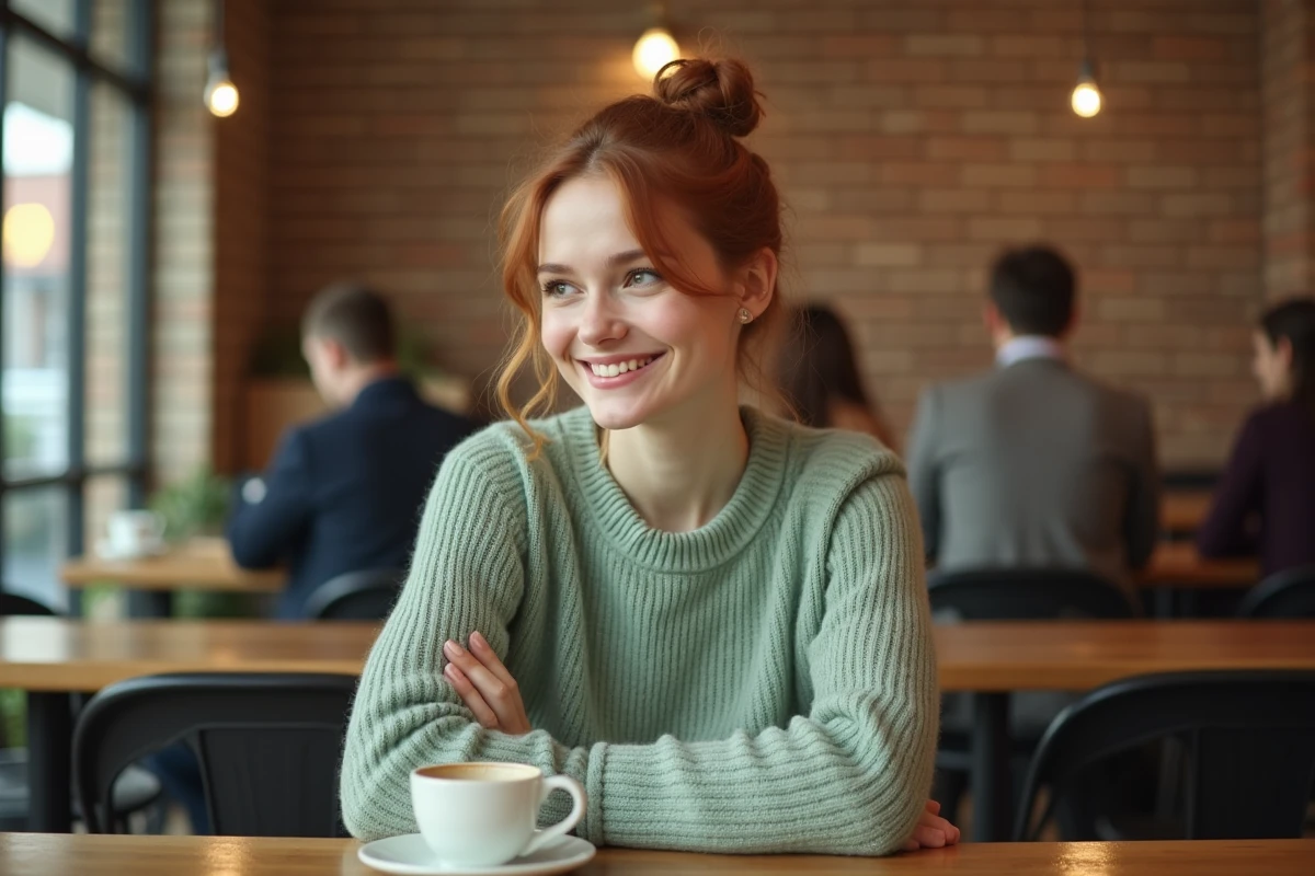 Jeune femme souriante dans un café illustrant la beauté naturelle et la confiance en soi
