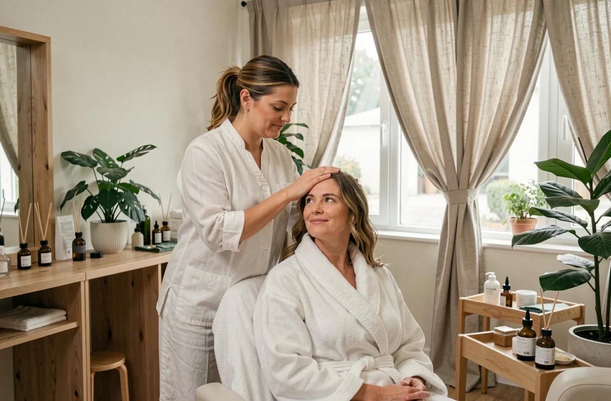 Cliente recevant un soin capillaire relaxant chez Beleza Factory, salon coiffure et bien-être à Saint-Germain-en-Laye