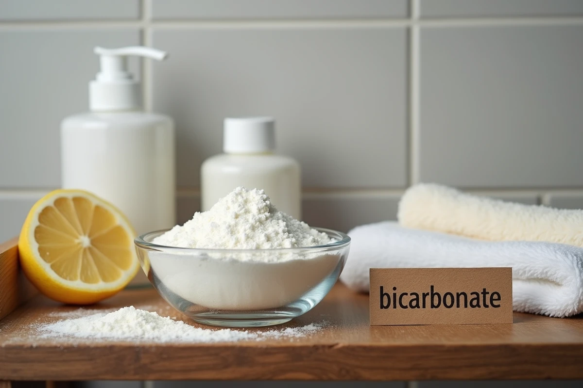 Bol de bicarbonate de soude avec citron et linge doux pour soin visage naturel