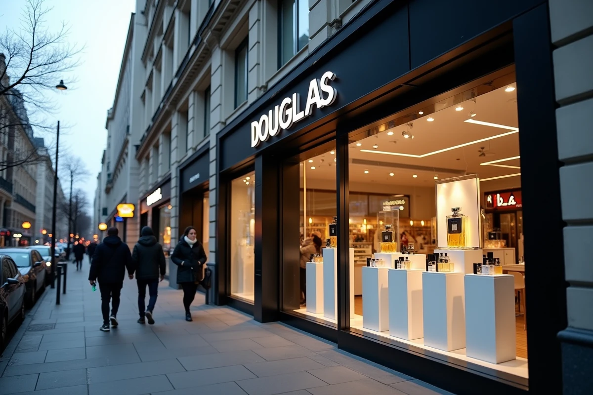 Façade d'une boutique de cosmétiques de luxe Douglas en centre-ville, illustrant le contexte commercial du rachat