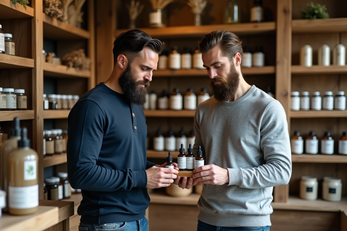 Deux hommes comparant des sérums naturels pour la croissance de la barbe dans une boutique de produits botaniques aux étagères en bois chargées d'ingrédients naturels