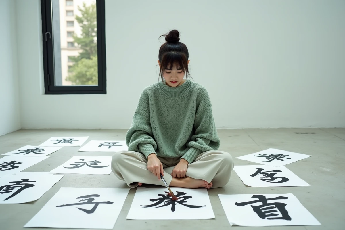 Jeune femme pratiquant la calligraphie sur le sol d'un studio minimaliste, représentant la beauté artistique des mots écrits