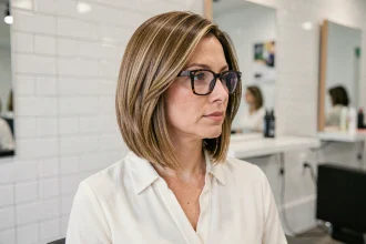 Femme portant un carré dégradé harmonisé avec des lunettes rectangulaires écaille en salon de coiffure