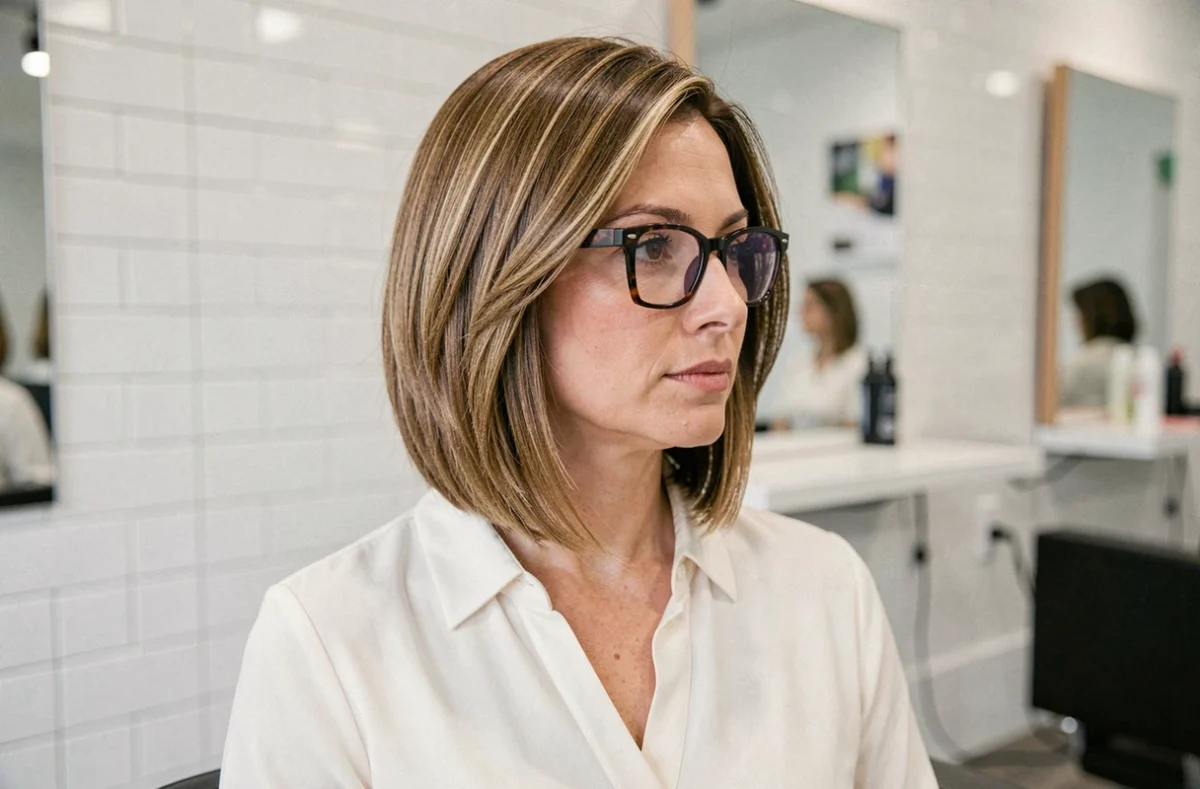 Femme portant un carré dégradé harmonisé avec des lunettes rectangulaires écaille en salon de coiffure