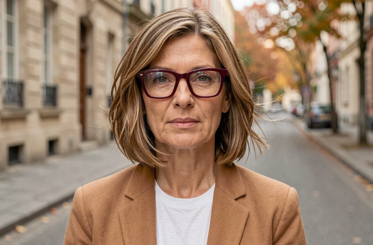 Femme mature avec carré dégradé texturé et lunettes carrées surdimensionnées bordeaux en extérieur