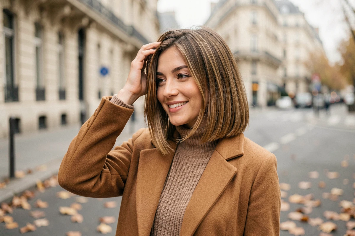 Jeune femme portant un carré flou dégradé en extérieur dans une rue parisienne en automne, manteau camel et sourire naturel