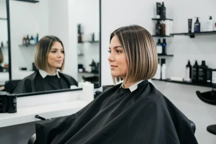 Femme aux cheveux coupés en carré flou avec dégradé, assise dans un fauteuil de salon de coiffure moderne, reflet dans le miroir