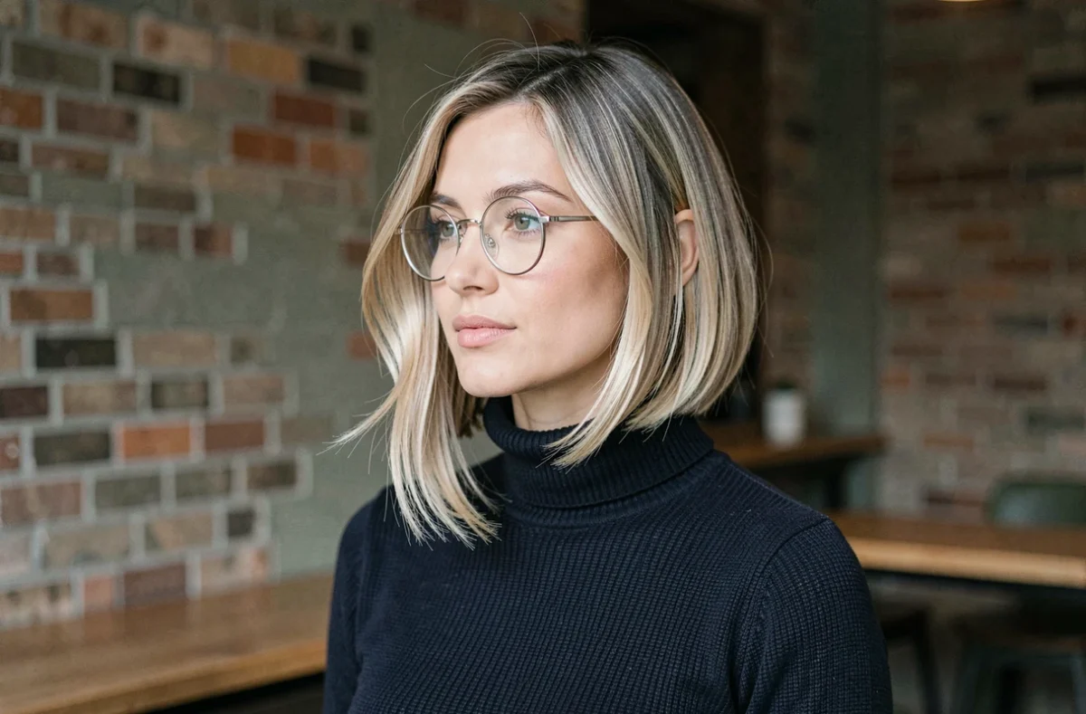 Femme avec carré plongeant dégradé et lunettes rondes métalliques dans un café urbain minimaliste