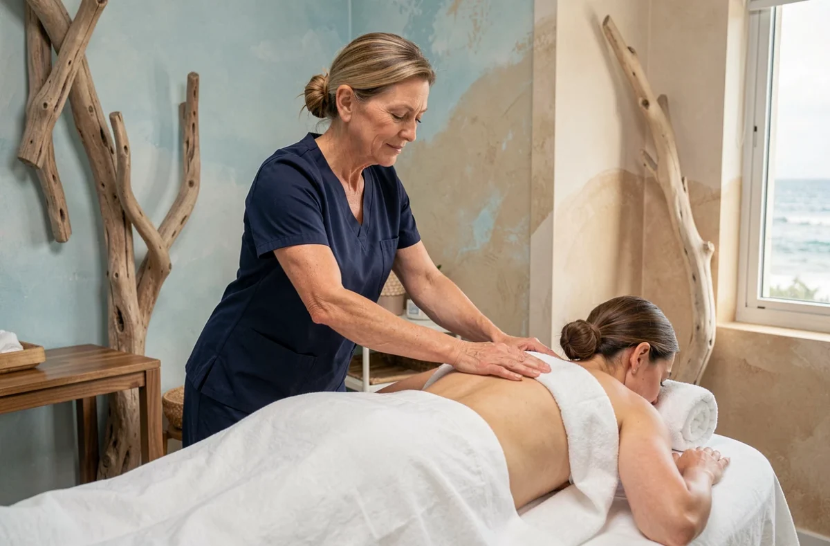 Esthéticienne Catherine Dely à Saint-Michel-Chef-Chef réalisant un massage du dos dans un salon aux tons côtiers apaisants