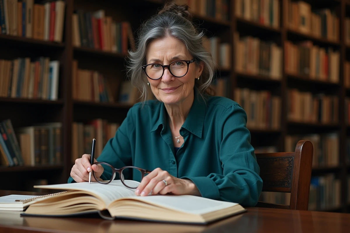 Chercheuse d'âge mûr consultant un livre d'étymologie dans une bibliothèque universitaire, prenant des notes manuscrites sur l'origine du prénom Sephora