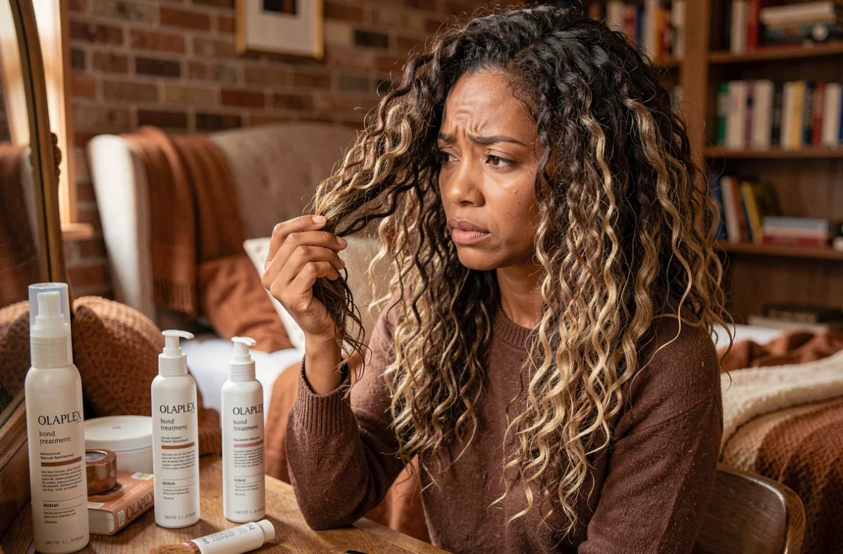 Femme aux cheveux bouclés abîmés et frisottis examinant ses pointes cassées avant un traitement Olaplex