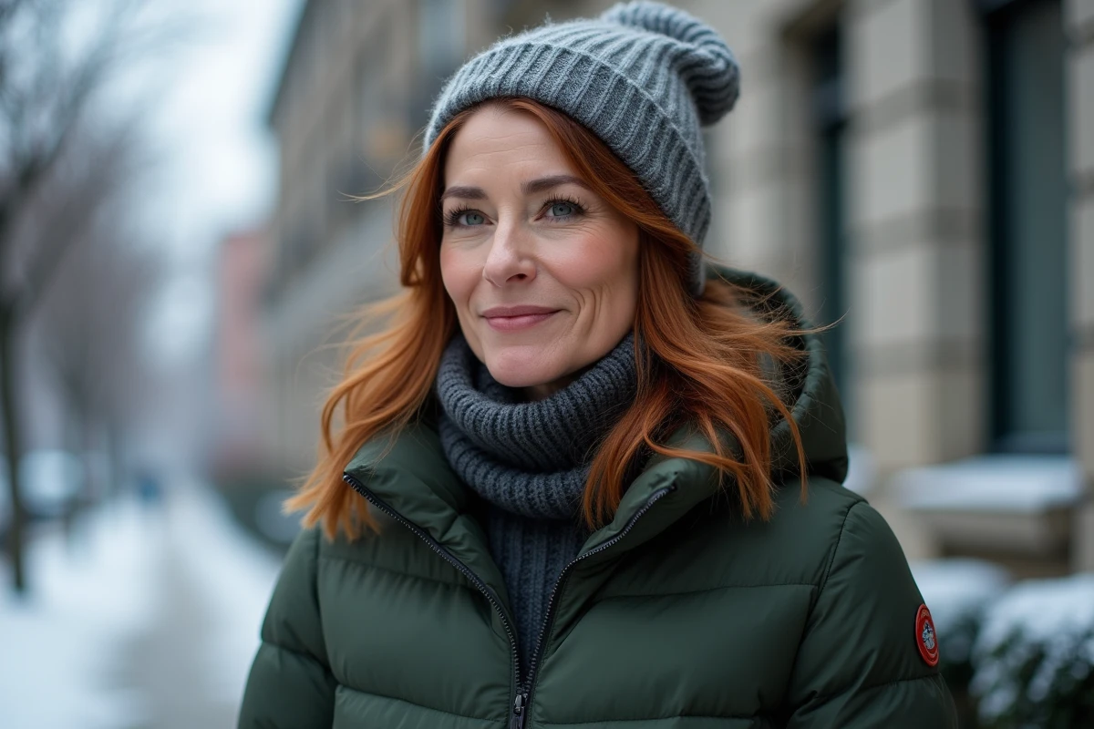 Femme aux cheveux roux protégés par un bonnet en laine par temps froid d'hiver en ville