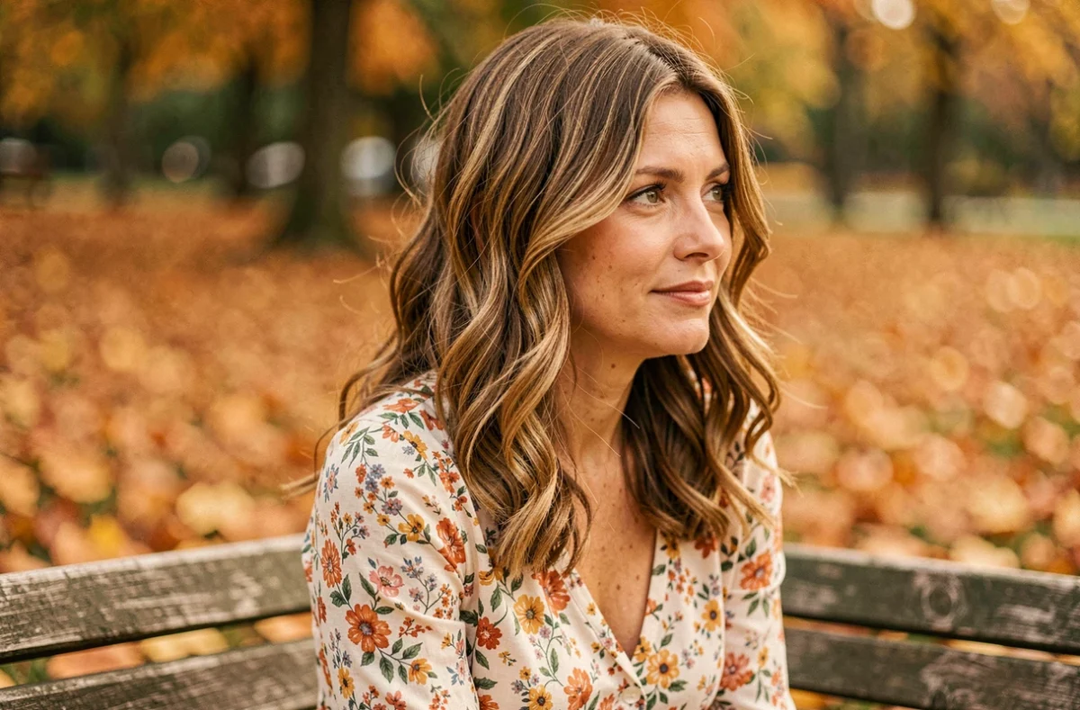 Femme aux cheveux mi-longs ondulés naturels en parc automnal, coiffure tendance mi-long avec raie centrale