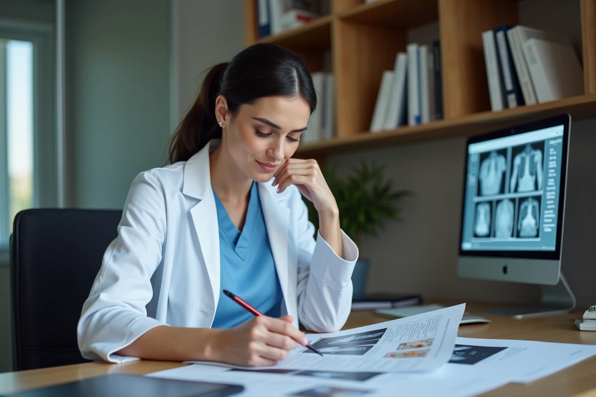 Chirurgienne plasticienne évaluant des photographies médicales et des formulaires d'évaluation de cicatrices dans son bureau