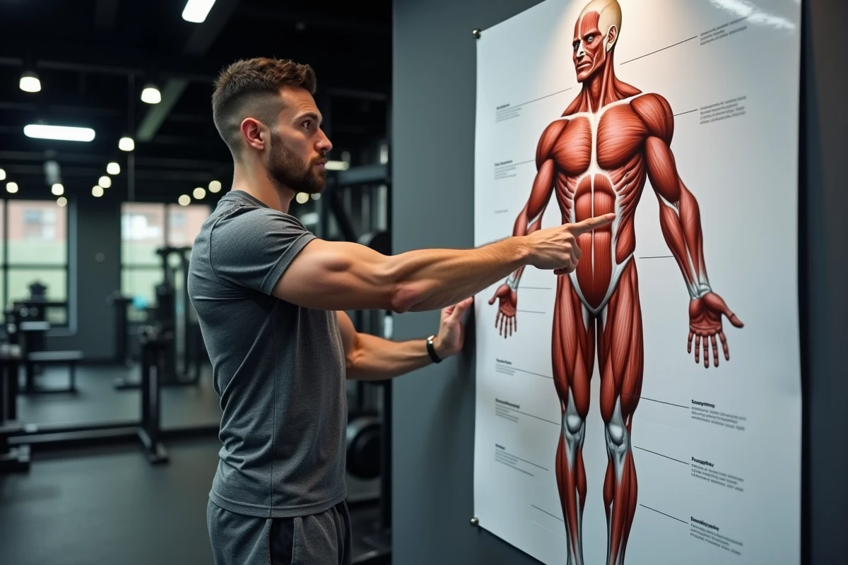 Coach sportif expliquant les groupes musculaires du corps humain devant un poster anatomique en salle de sport