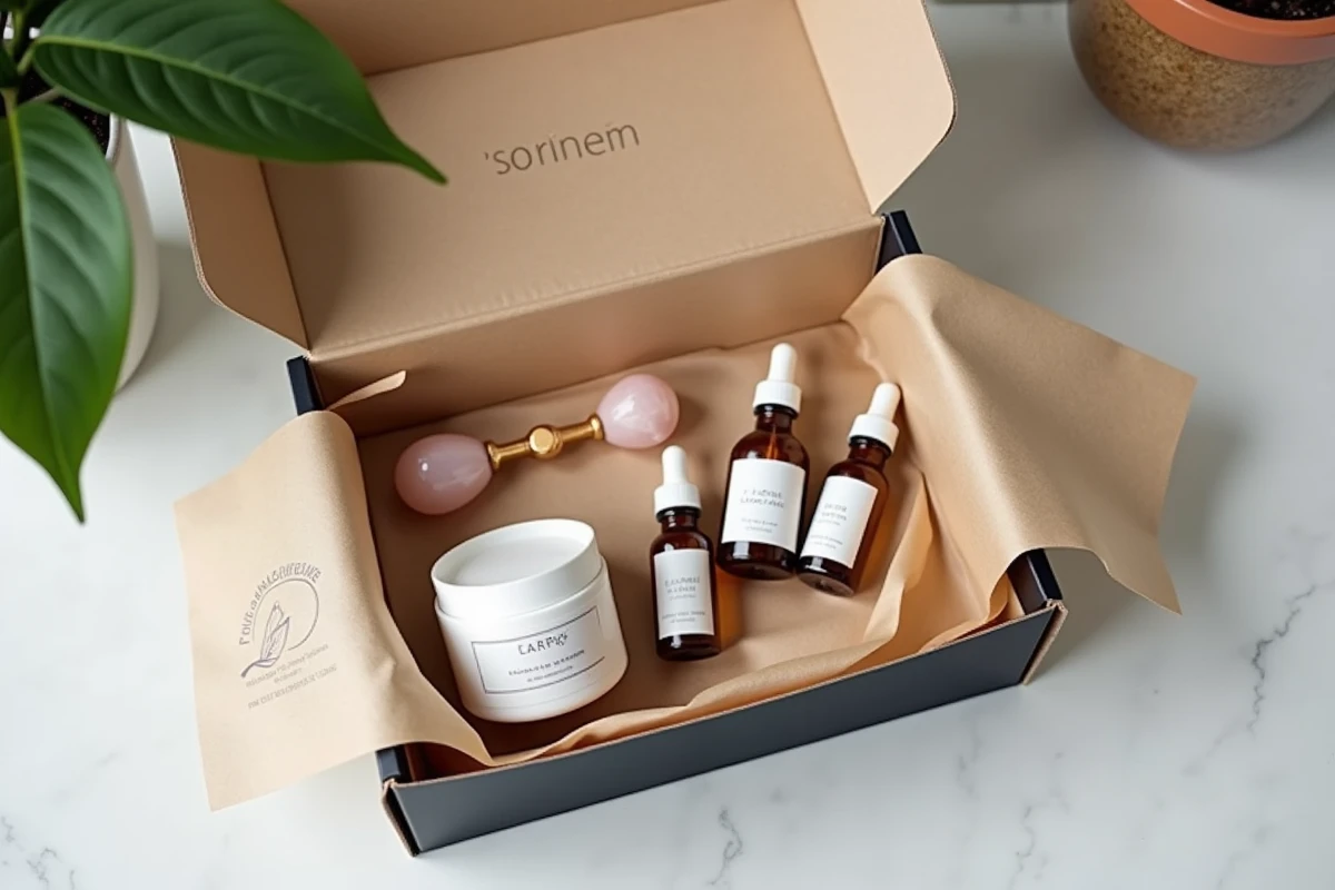Coffret soin ouvert en flat lay sur marbre avec sérums, crème et rouleau quartz pour comparer les produits