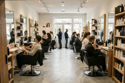 Intérieur animé d'un salon de coiffure moderne dans les Yvelines avec plusieurs coiffeurs au travail
