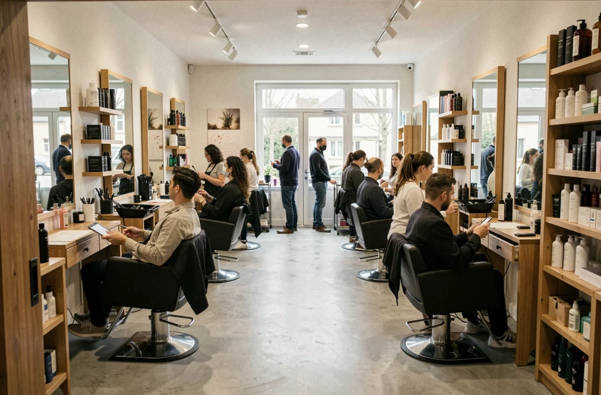 Intérieur animé d'un salon de coiffure moderne dans les Yvelines avec plusieurs coiffeurs au travail