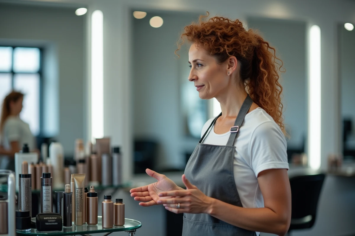 Coiffeuse professionnelle présentant des alternatives de soins capillaires dans un salon moderne, conseillant la transition après Olaplex