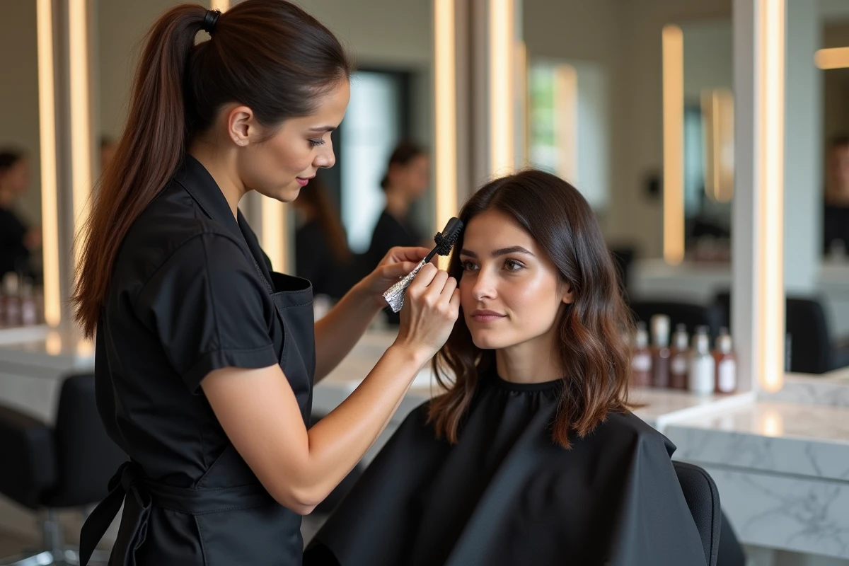 Coiffeuse appliquant une technique de balayage sur cheveux bruns dans un salon moderne, mise en avant de la différence entre mèche et balayage