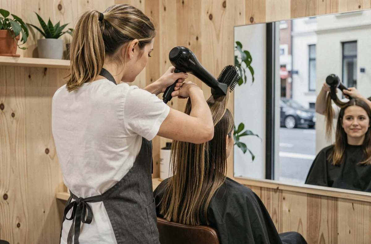 Coiffeuse professionnelle utilisant une brosse ronde pour donner du volume aux cheveux fins d'une cliente