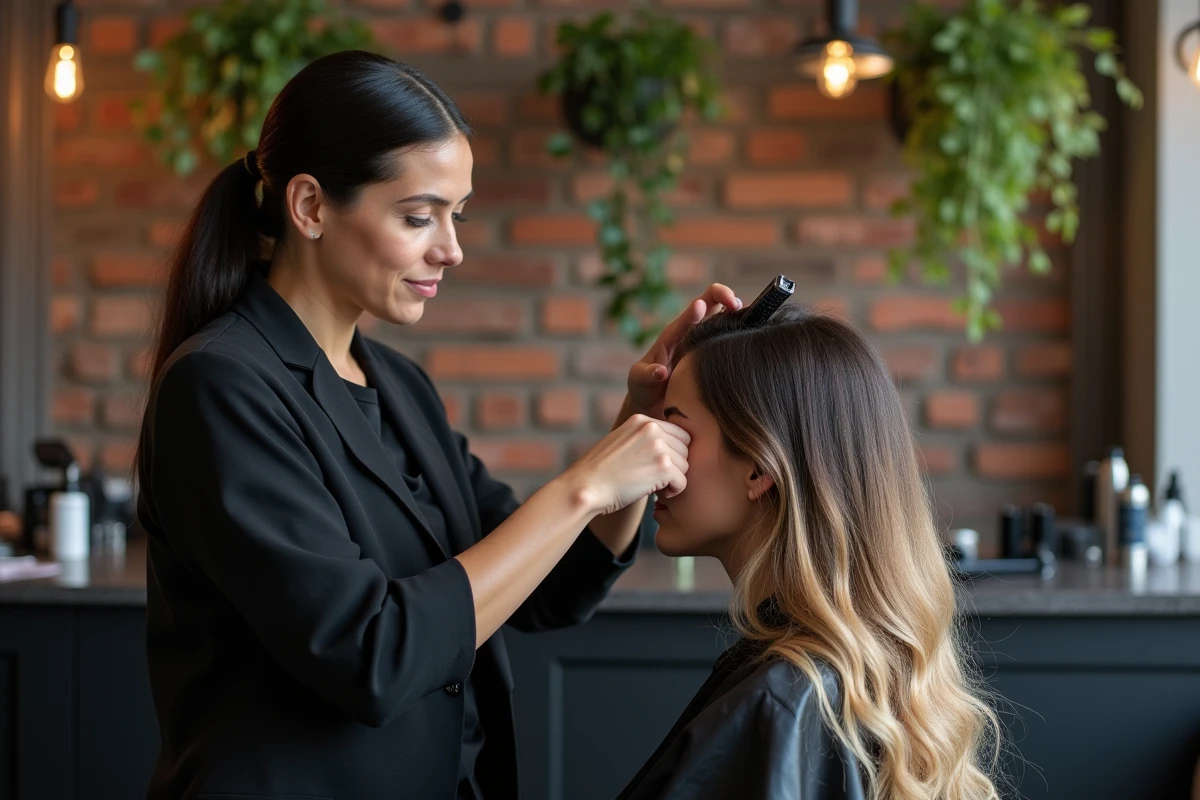 Coiffeuse professionnelle coiffant des cheveux fins d'une cliente en studio urbain