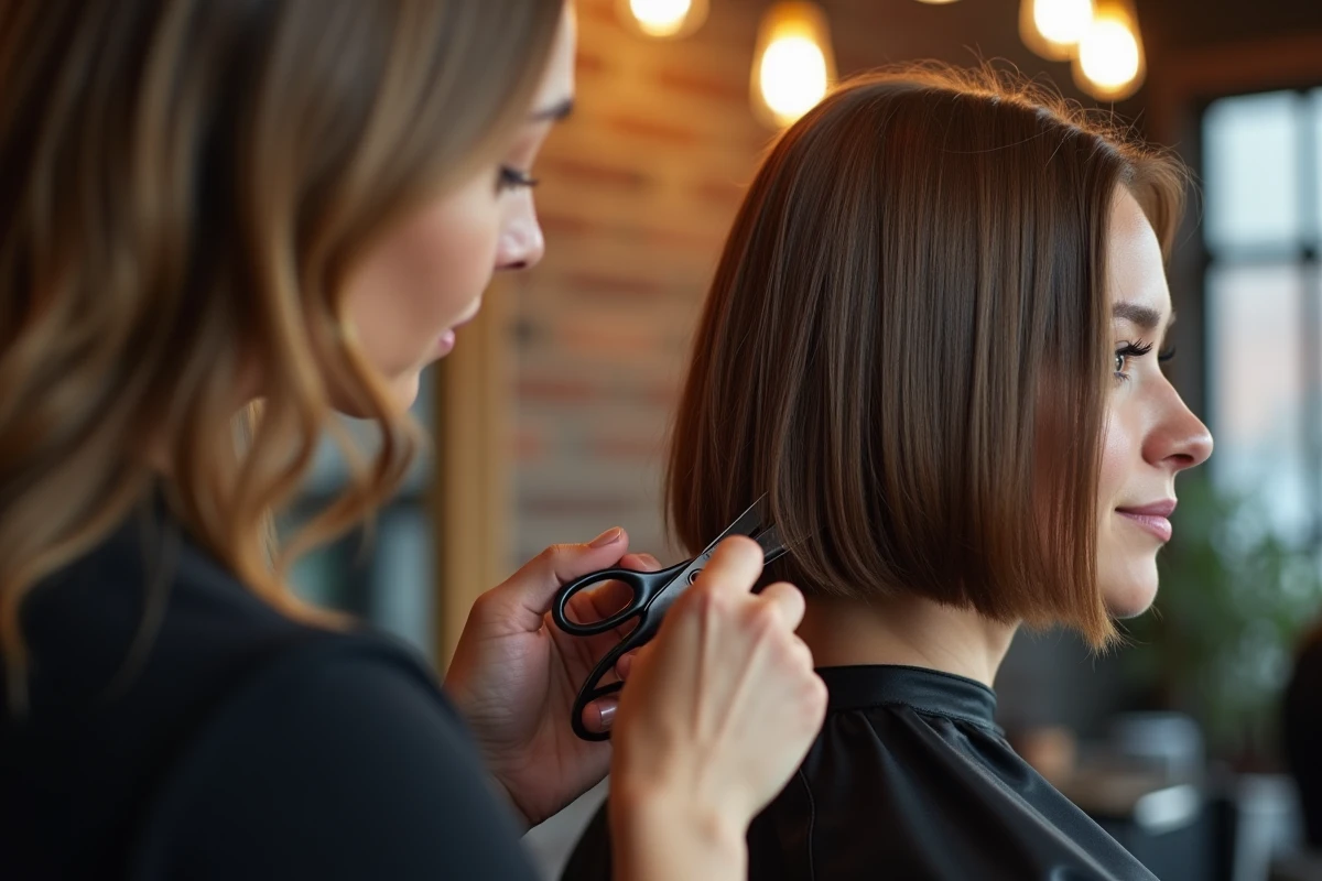 Coiffeuse réalisant un carré dégradé sur cheveux fins d'une cliente dans un studio de coiffure urbain contemporain