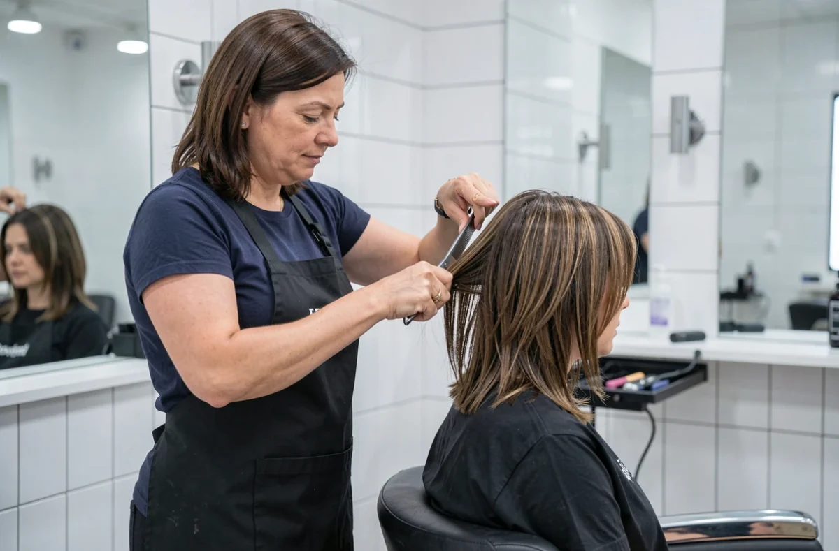 Coiffeuse professionnelle réalisant une coupe mi-long en salon de coiffure moderne, coupe de cheveux tendance en cours