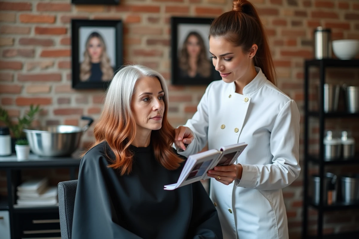 Coiffeuse appliquant un soin colorant sur cliente en transition cheveux blancs, consultation avec nuancier couleur en salon professionnel