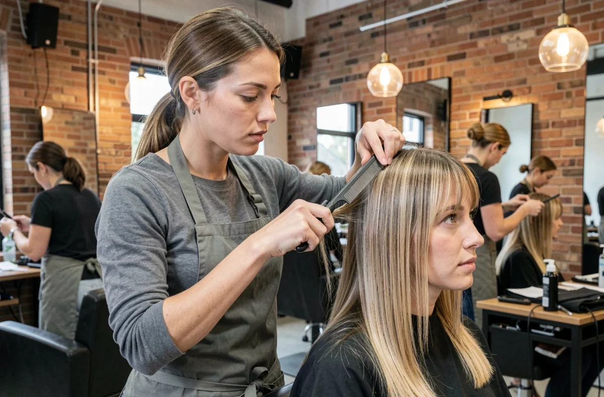 Coiffeuse professionnelle montrant une technique de coupe adaptée aux cheveux fins à une cliente dans un salon moderne