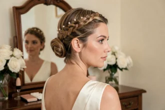 Femme avec une coiffure tresse élégante sur cheveux courts pour un mariage civil, vue de dos en robe ivoire