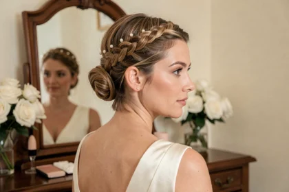 Femme avec une coiffure tresse élégante sur cheveux courts pour un mariage civil, vue de dos en robe ivoire