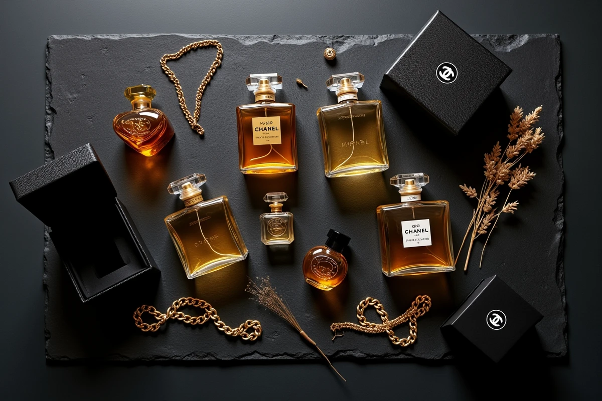 Composition à plat de plusieurs flacons de parfum Chanel de différentes tailles sur ardoise sombre avec bijoux dorés et boîte noire, vue de dessus