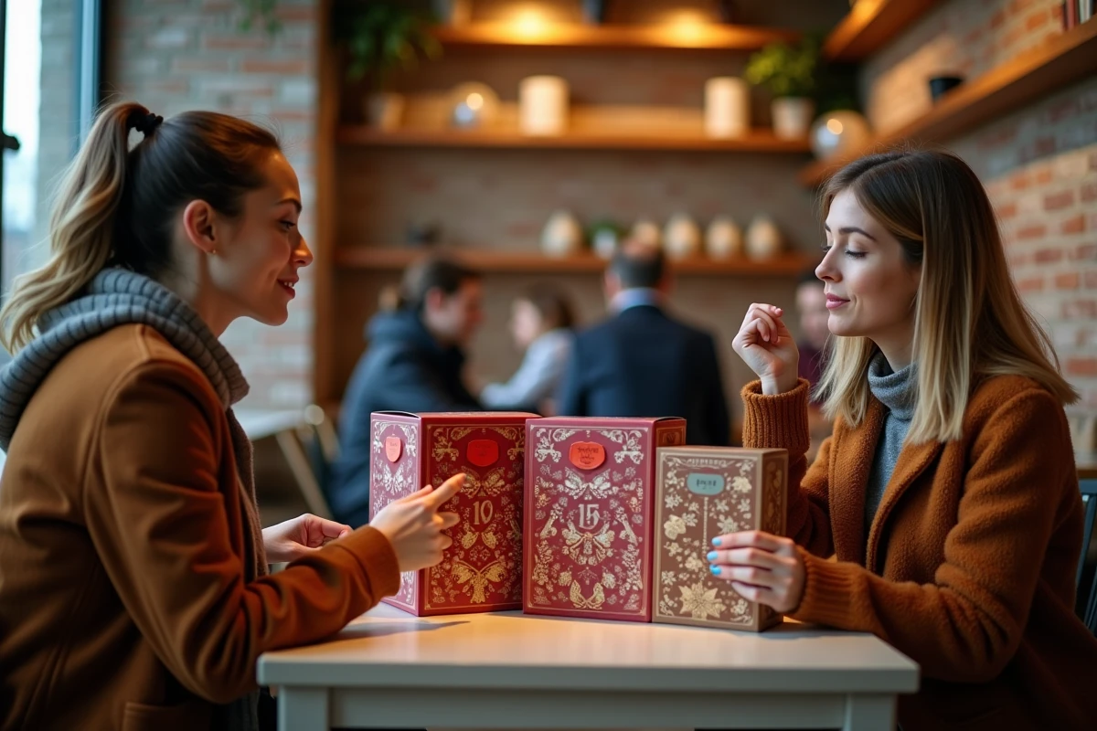 Deux femmes comparant deux calendriers de l'avent beauté dans un café, analysant le rapport qualité-prix des produits