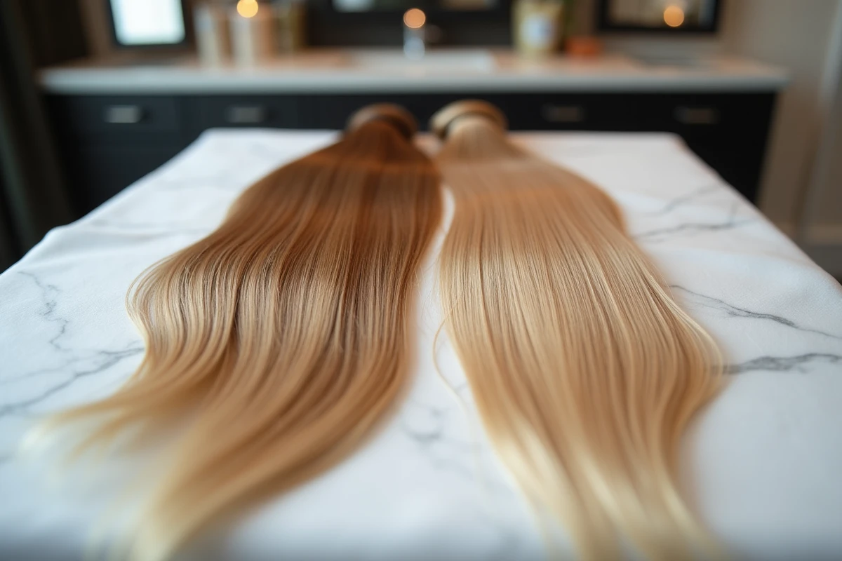 Comparaison côte à côte de la technique de mèches et du balayage sur cheveux blonds, montrant la différence de résultat entre les deux méthodes pour éviter les reflets jaunes